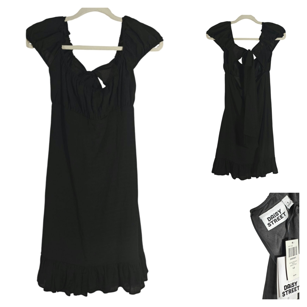 Daisy Street Black Midi Dress with Ruffle Hem and Tie-Back Detail